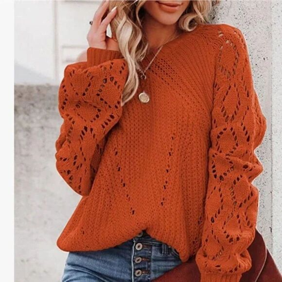 New Pink Crochet Hollow Out Crewneck Knit Sweater Pullover - Picture 3 of 6